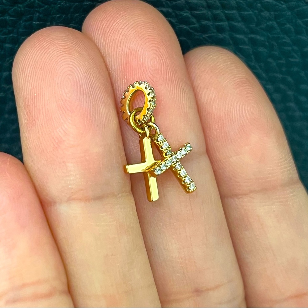 Super Pretty Double Cross Crystal Charm Pendant in Gold for Necklace or Bracelet